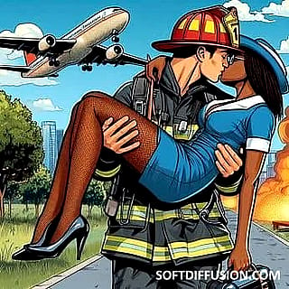 Comic book style kissing of a firefighter and a flight attendant